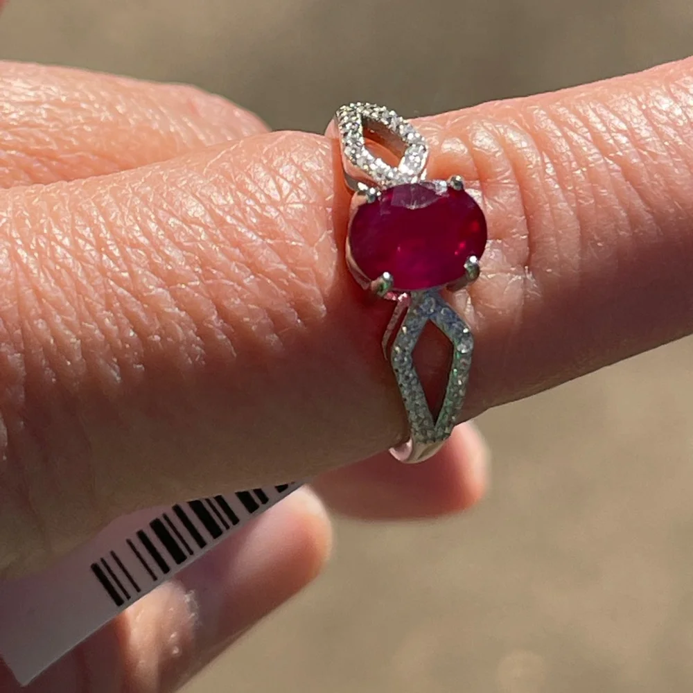 NWT Natural Ruby 7.8X6mm with CZ Accents in 925 Sterling Silver Size 8 - Picture 3 of 7
